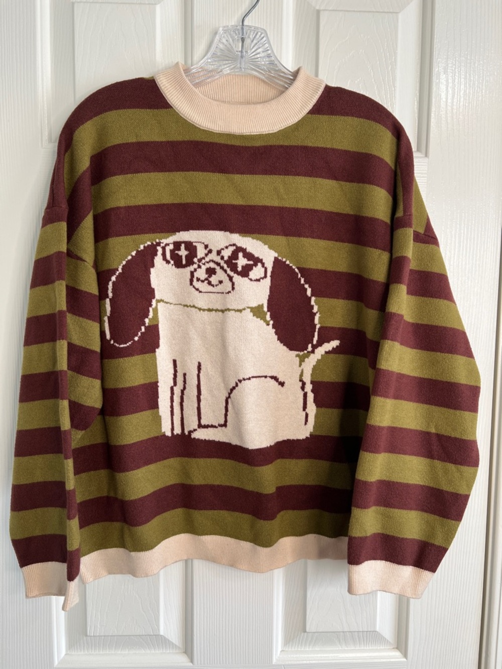 Brown & green striped sweater with cute dog graphic cream details size L